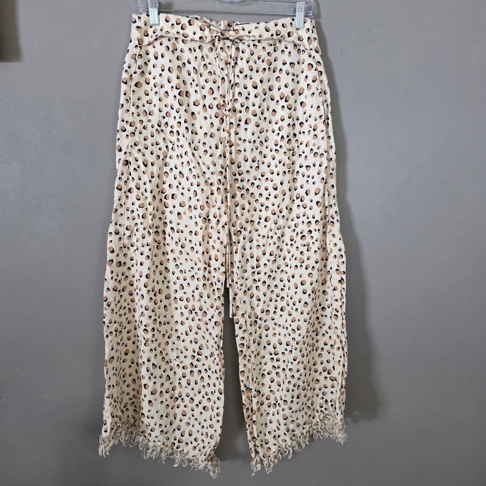 Kivari Womens Wide Leg Linen Pants Size Medium Leopard Print Fringe Hem Coastal